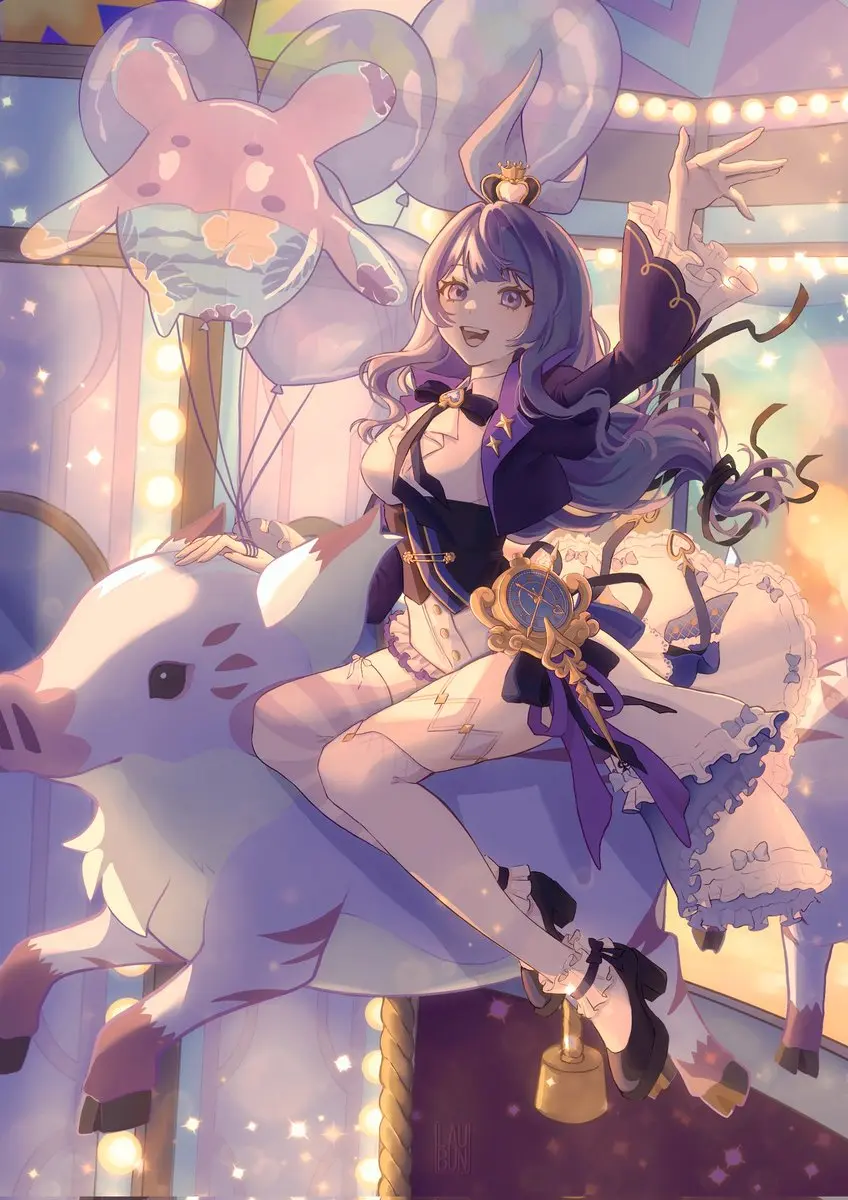 BPSR Starland Reverie fan art of an adventurer riding a carousel creature with balloons.