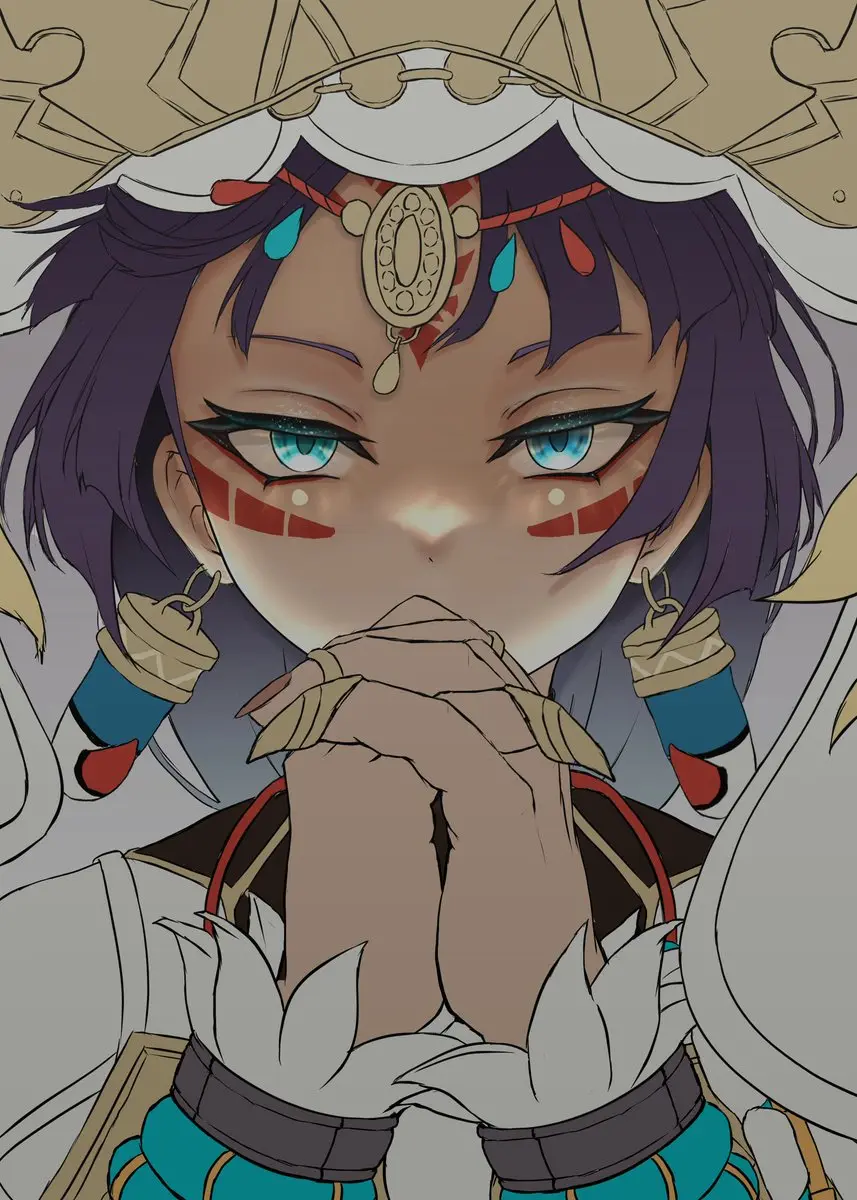 BPSR fan art portrait of a purple-haired adventurer with blue eyes and clasped hands.