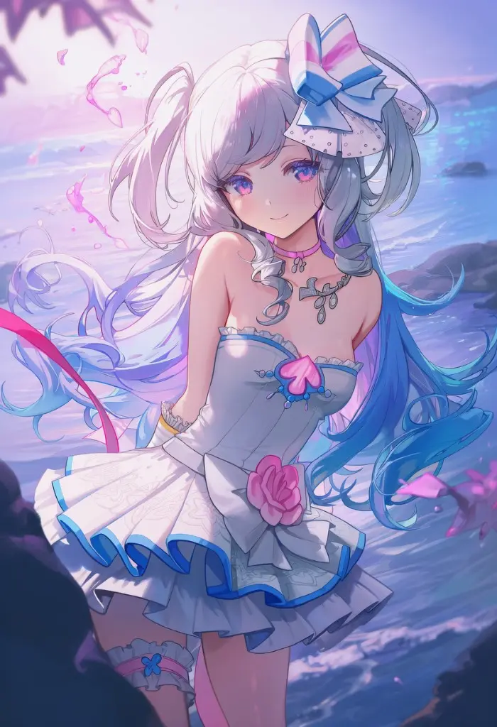 BPSR fan art of a blue-haired adventurer in a white outfit by the seaside.